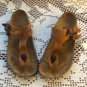 Birkenstock Sandals - Tan leather with double strap & buckle (women size 8)